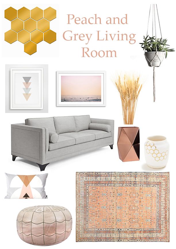 a living room with grey couches and rugs, gold accents on the walls