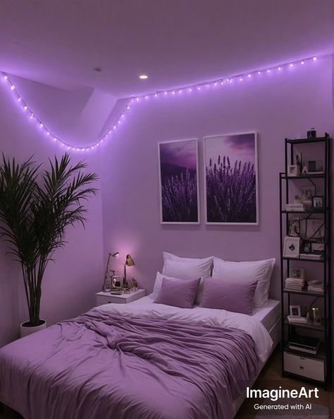 a bedroom with purple lights on the ceiling and bed in it's center area