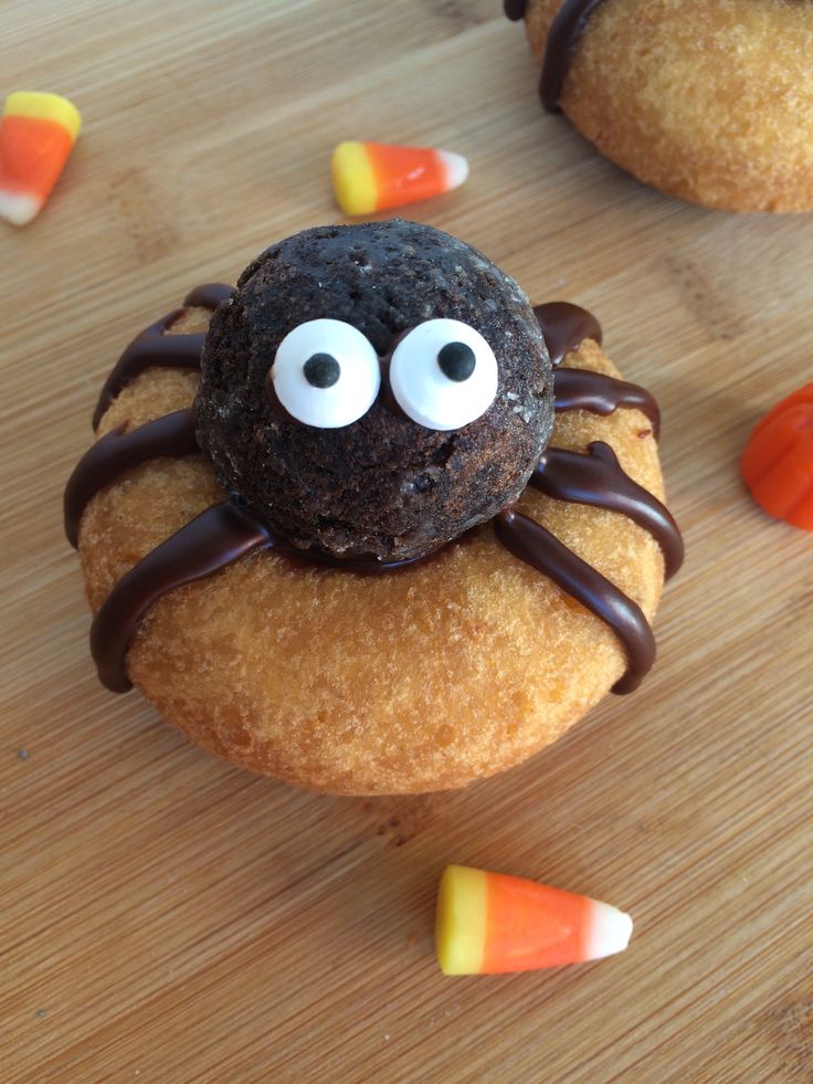 a chocolate spider cupcake with candy candies around it