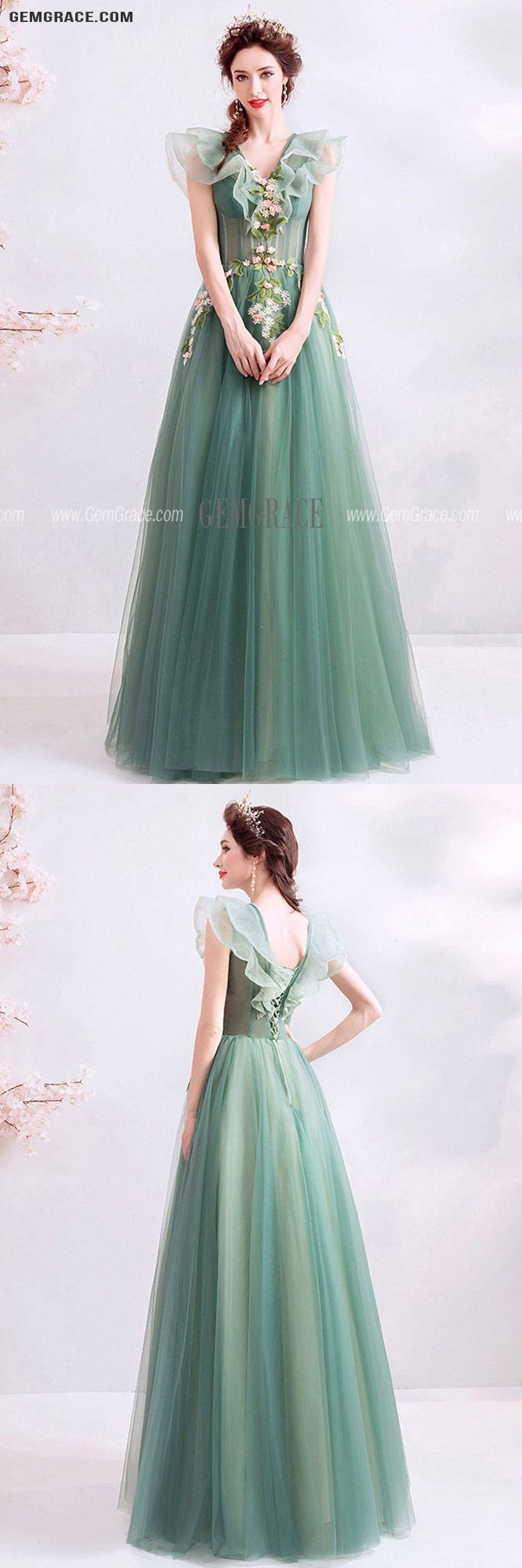 Green Tulle Prom Dress, Prom Dresses Junior, Prom Dress With Flowers, Prom Dresses Green, Junior Prom, Dress With Flowers, Green Prom, Green Tulle, Junior Prom Dresses