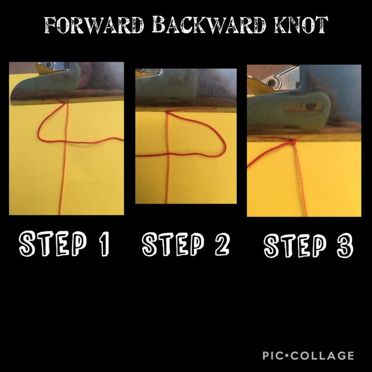 four pictures showing how to make a backward knot with the help of a sewing machine