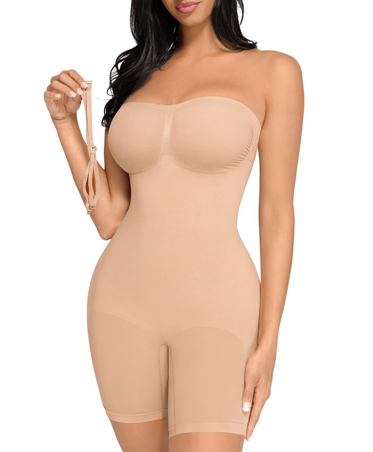 PRICES MAY VARY. Removable Straps Design: Featuring a strapless neckline, this bodysuit comes with matched colors and clear adjustable straps, allowing you to style it in multiple ways: strapless, conventional, cross-back, clear shoulder straps, or halter look. NO Curling & Rolling Design: This bodysuit using anti-slip gel strip and steel bones to prevent rolling. Anti-slip gel strip on the top to keep it from rolling down. 2 Steel bones under armpits on both sides to prevent curling. Mid thigh Strapless Shaping Bodysuit With Built-in Bra, Strapless Stretch Shapewear Bodysuit, Strapless Shaping Bodysuit Shapewear, Strapless Shaping Bodysuit, Stretch Smoothing Strapless Bodysuit, Strapless Stretch Smoothing Bodysuit, Strapless Smoothing Stretch Bodysuit, Solid Strapless Smoothing Bodysuit, Strapless Smoothing Bodysuit Shapewear