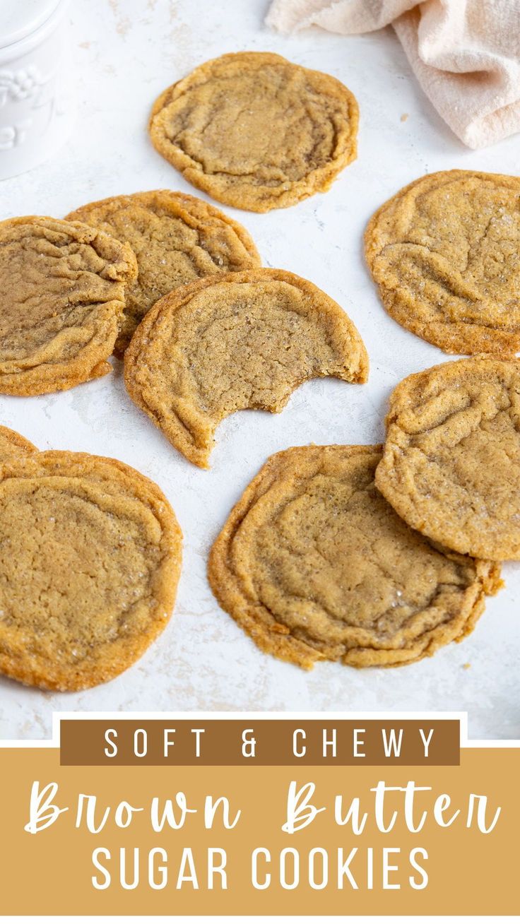 soft and chewy brown butter sugar cookies on a baking sheet with text overlay