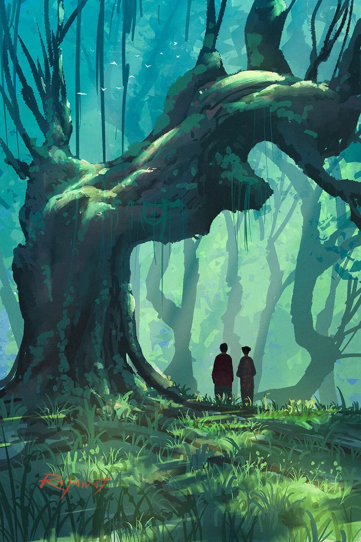 two people standing in the middle of a forest under a large tree with moss growing on it