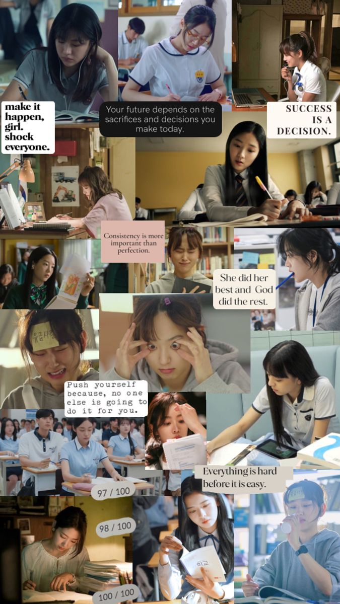 the collage shows many different images of people in school uniforms and writing on paper