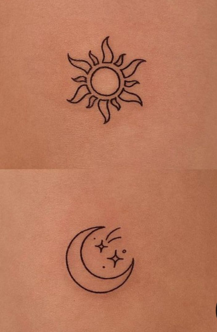 two pictures of the same sun and moon tattoo