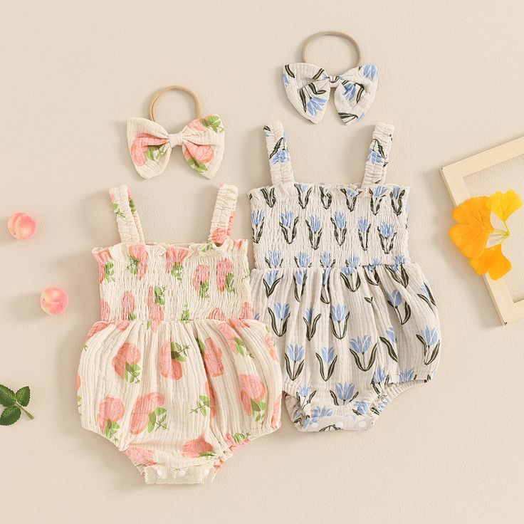 Dress your little one in the adorable AUGUSTINA Smocked Romper with Headband. Perfect for warm weather, this romper features charming floral and fruit prints that will make your baby girl look even cuter. Plus, the included headband make this outfit a sweet and stylish choice. Summer Cotton Bubble Romper With Floral Print, Summer Bubble Romper With Floral Print, Summer Floral Print Cotton Bubble Romper, Summer Cotton Bubble Romper With Smocked Bodice, Cute Cotton Bubble Romper With Smocked Bodice, Casual Summer Bubble Romper With Smocked Bodice, Cute Bubble Romper With Smocked Back For Summer, Cute Summer Bubble Romper With Smocked Back, White Summer Bubble Romper With Floral Print