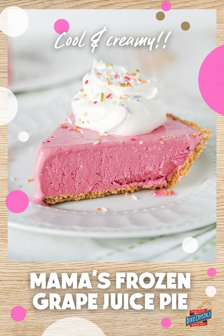 This super easy, no-bake pie is deliciously sweet and tart at the same time. Mama’s Frozen Grape Juice Pie was originally published in 1988, and has been a fan favorite for over 30 years. This no-bake pie would be great at a pool party, summer picnic, backyard BBQ or family reunion. For more frozen dessert recipes and ideas visit DixieCrystals.com and pin your favorites! Made this recipe? Show us! #dixiecrystals #grapepie #frozendesserts #nobakerecipes Picnic Backyard, Cool Whip Pies, Summer Pie Recipes, Grape Pie, Pool Party Summer, Farmer Market, Summer Pie, Cream Cheese Pie, Homemade Vanilla Ice Cream