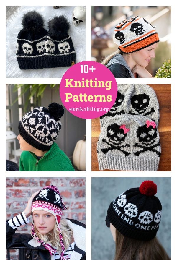 knitted hats with skull and crossbones are featured in this collage, which includes