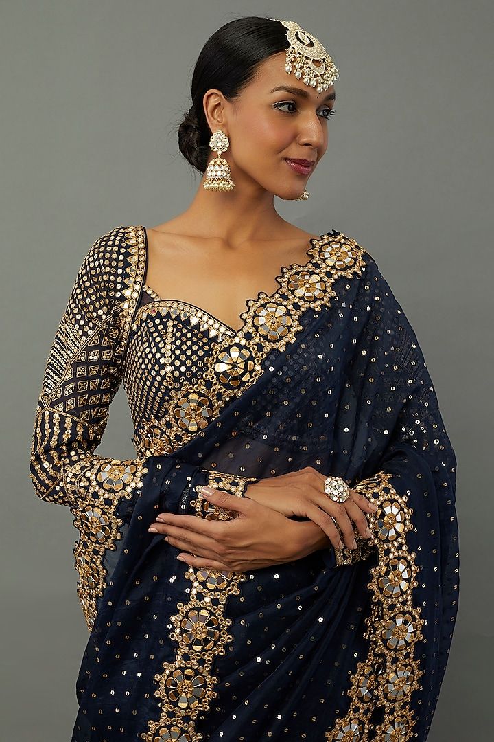 Midnight Blue Embroidered Saree Set by Vvani by Vani Vats at Pernia's Pop Up Shop 2024 Vani Vats, Heavy Lehenga, Wedding Diamond, Embroidered Saree, Indian Fashion Designers, Pernia Pop Up Shop, Pop Up Shop, Midnight Blue, Indian Fashion