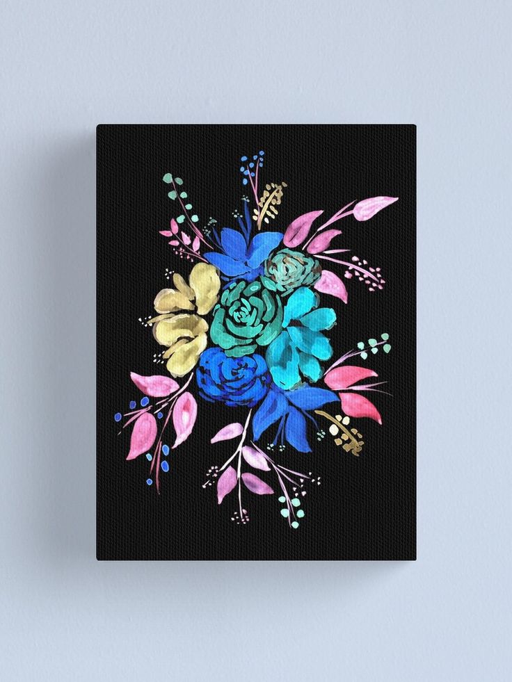 colorful flowers painted on black canvas print mounted on wall with blue and yellow colors in the center