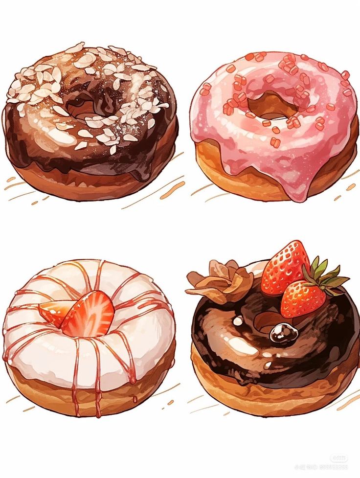 four donuts with different toppings are shown in this cartoon drawing style, each one has a chocolate frosting and strawberry on top