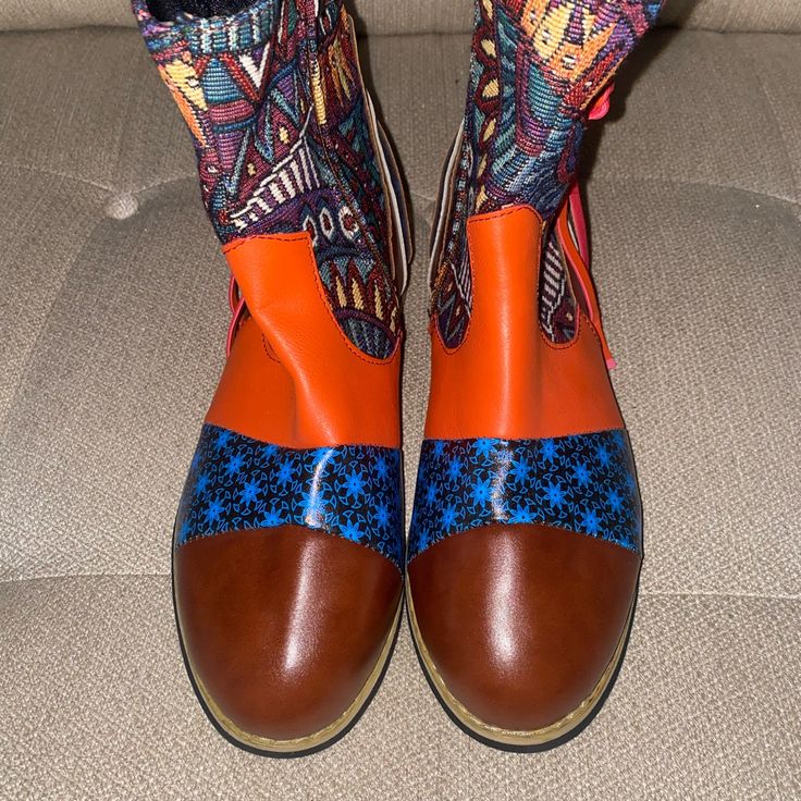 Vintage Style Boots. Boots Are Brand New Multicolor Round Toe Boots For Fall, Retro Multicolor Boots For Fall, Casual Multicolor Boots With Flat Heel, Casual Multicolor Flat Heel Boots, Multicolor Retro Boots For Fall, Orange Round Toe Boots For Fall, Orange Leather Boots For Spring, Casual Orange Round Toe Boots, Trendy Orange Spring Boots