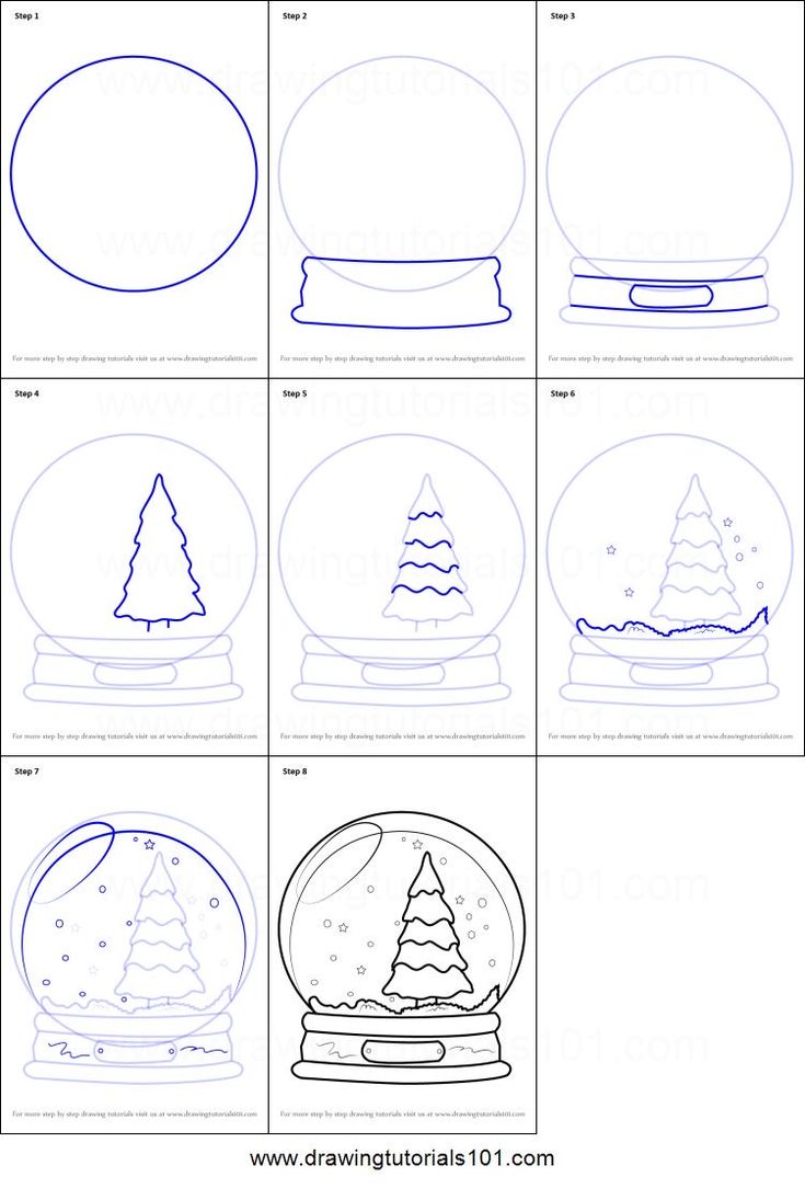 how to draw a snow globe with christmas trees in the middle and bottom, step by step