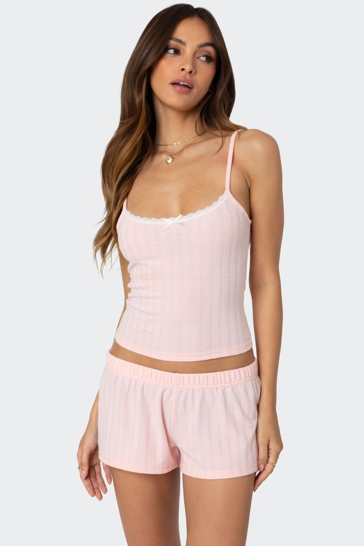 Irene Pointelle Tank Top – edikted Visionary Fashion, Lace Trim Tank Top, Cute Pjs, Cute Pajama Sets, Cute Pajamas, Swimwear Dress, Lace Tank Top, Knit Pattern, Pink Tank Top