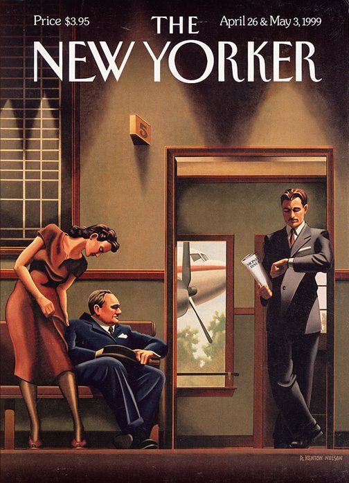 an advertisement for the new yorker featuring two men and a woman looking at each other