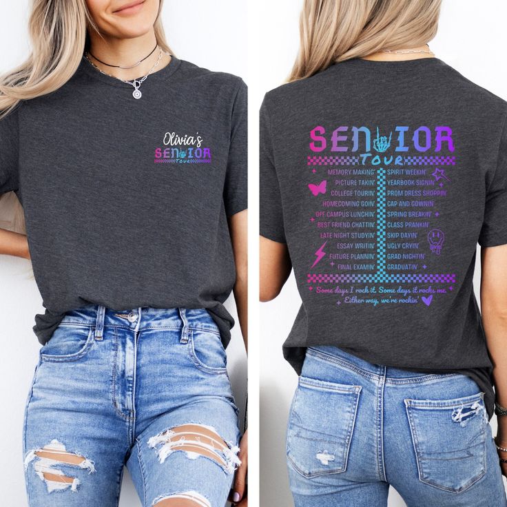 Custom Senior Tour Shirt, Back to School, School Shirts, Senior Shirt, Front and Back Design, Best Friend Shirt, Retro Vintage Graphic Tee, Personalized This is a custom/personalized item! To order: Pick your color and size in the drop down, add your personalization in the text box that includes the name (Olivia, Jenn, etc.) that you would like.  SIZE & COLORS * Check out the listing photos for the size chart  * Send us an email if you'd like the shirt in a different color than is in the listing Senior Tshirts Ideas, Senior 2025 Shirts, Senior Class Shirts Design, Senior Shirt Ideas 2021, Cute Senior Shirts, Senior Tshirts, Senior Class Shirts, Cheerleading Shirts, Class Shirts