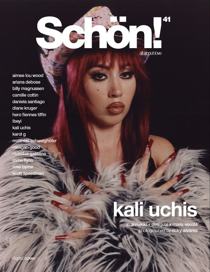 the cover of schon magazine featuring a woman with long red hair and bright makeup