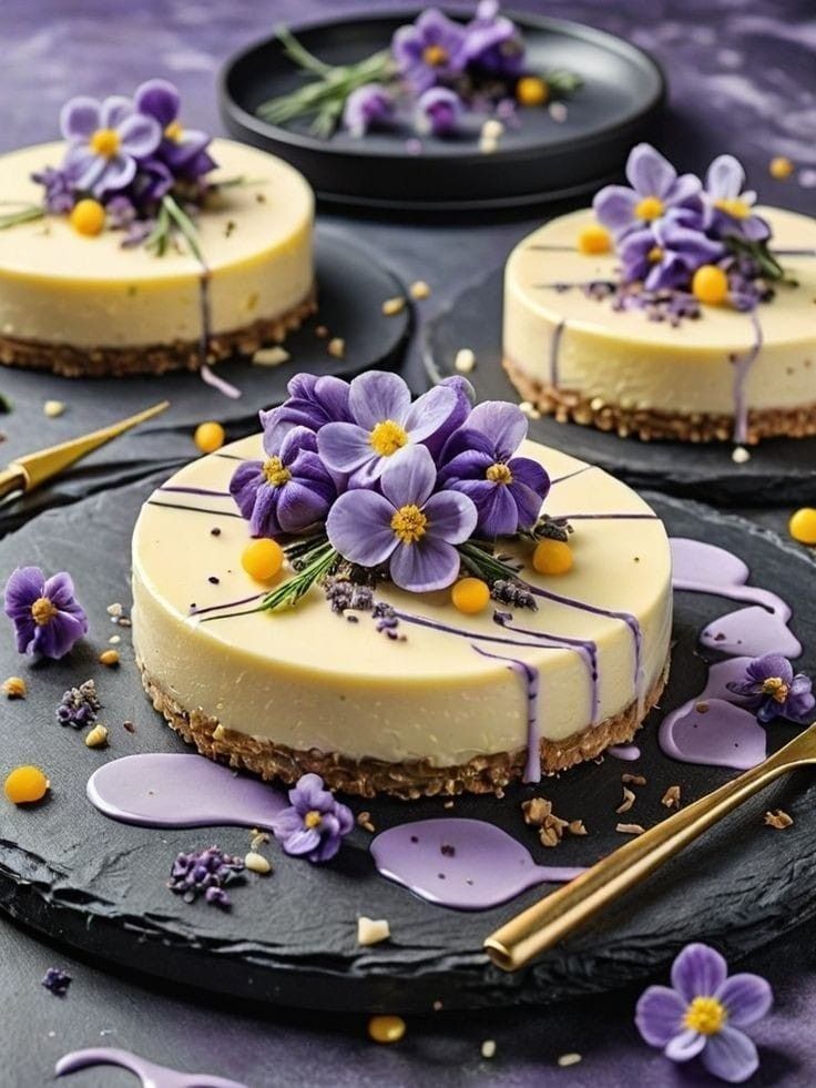 three cheesecakes decorated with purple flowers on top of a black plate next to gold utensils