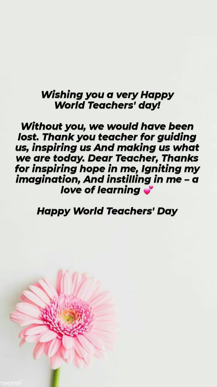 a pink flower sitting on top of a table next to a quote that says wishing you a very happy world teachers day