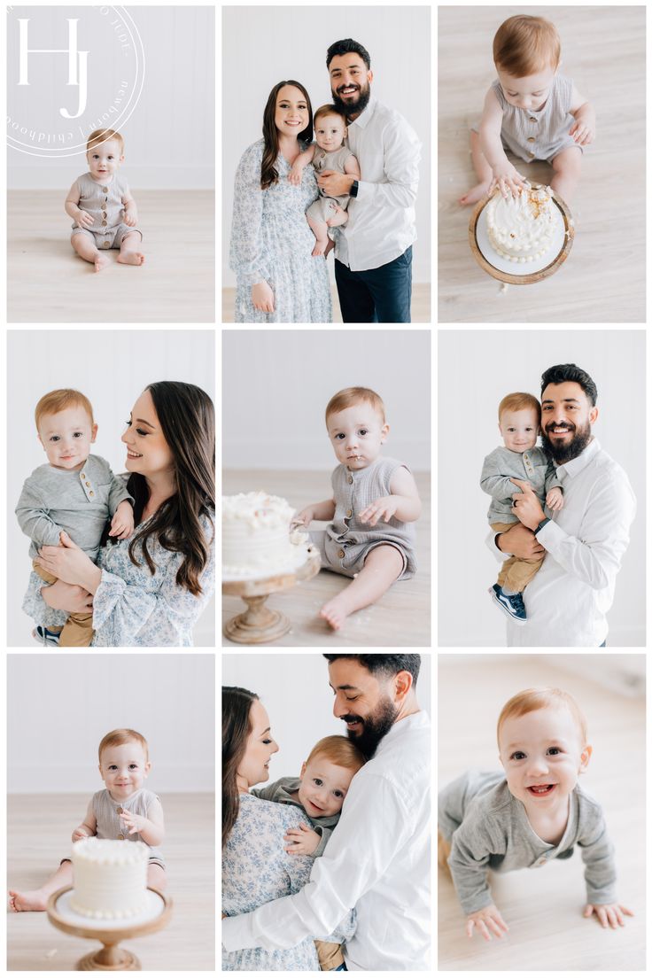 a collage of photos with babys and their mom's first birthday cake