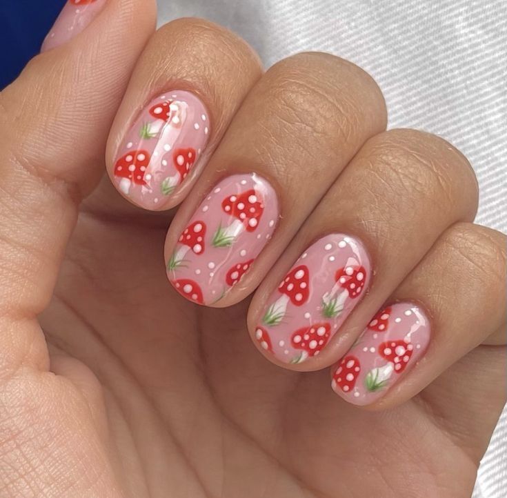 Short Nail Mushroom Designs, Square Mushroom Nails, Nail Mushroom Art, Nail Art Designs For Short Nails Cute, Acrylic Nails Mushroom Designs, Cute Mushroom Nail Designs, Mushroom Pedicure, Mushroom Nail Designs Simple, Rainbow Mushroom Nails