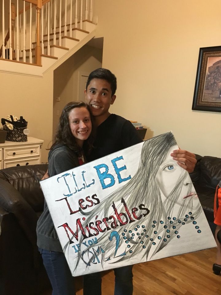 Les misérables Promposal!! Theater Promposal, Theatre Promposal, Cute Promposals, Dance Proposals, Promposal Ideas, Cute Homecoming Proposals, Dance Proposal, Dating Ideas, Dance Ideas