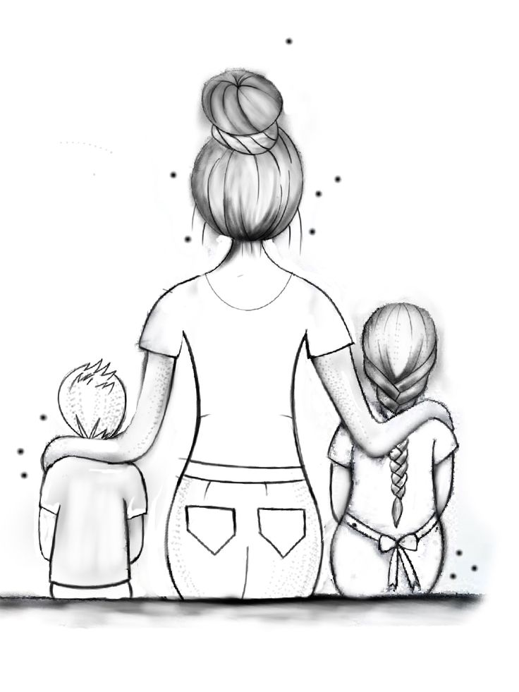 a drawing of a woman and two children with their arms around each other's shoulders