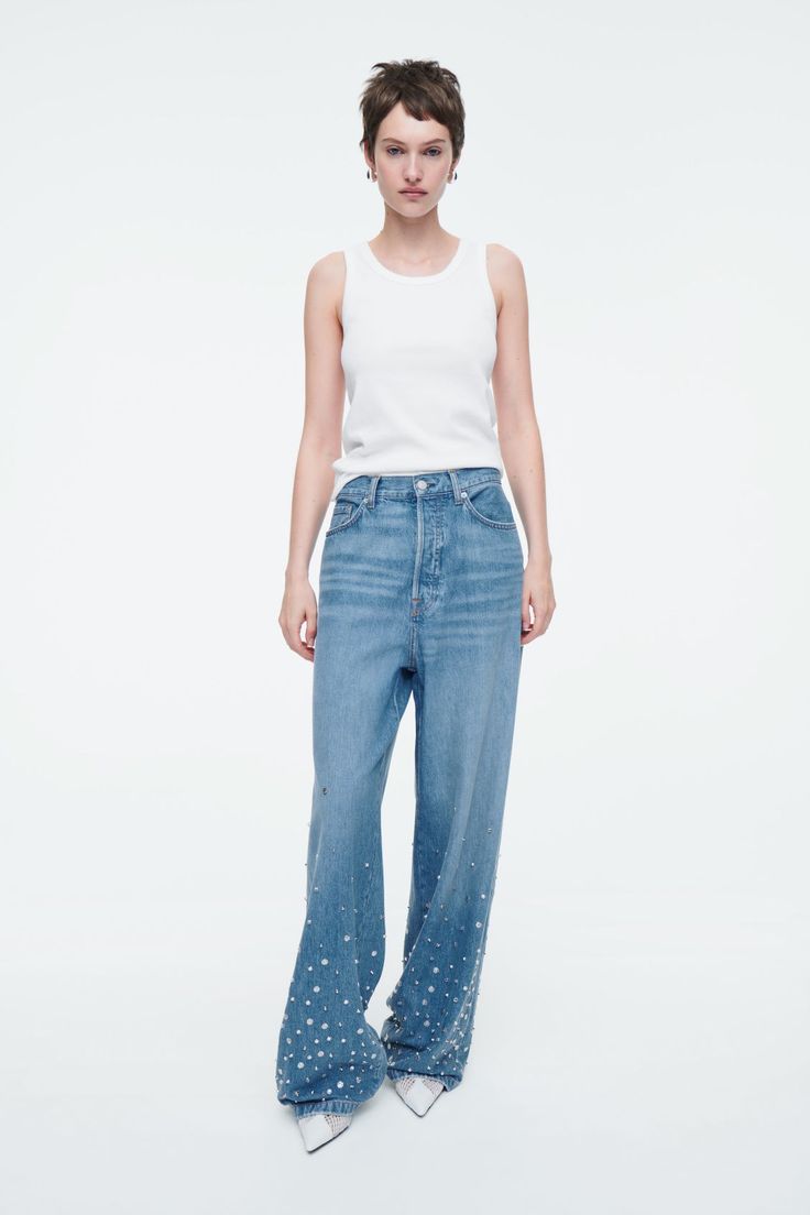 EMBELLISHED JEANS - RELAXED - MID BLUE - Jeans - COS Culotte Shorts, Party Mode, Embellished Jeans, Relaxed Jeans, Genetically Modified, Vest Shirt, Knitwear Cardigan, Dress Trousers, New Arrival Dress