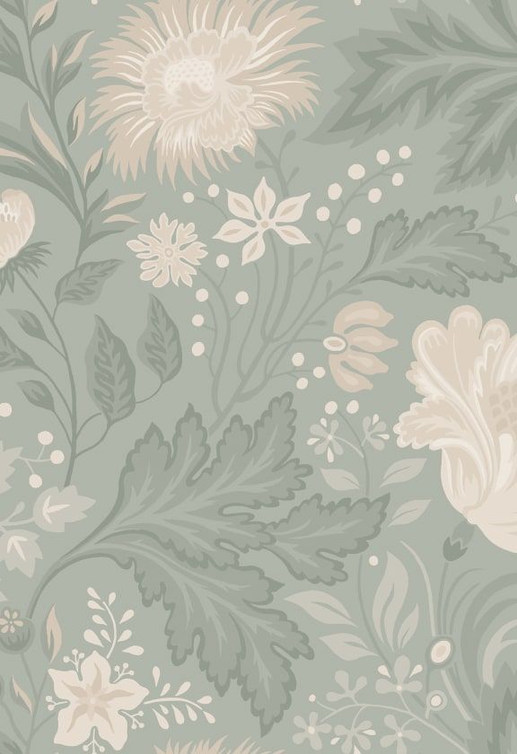 a floral wallpaper pattern with flowers and leaves on the side, in light green