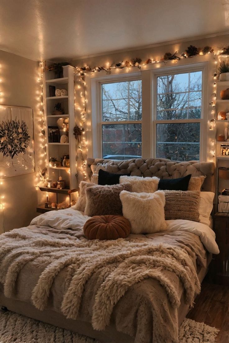 a bedroom decorated with lights and furs on the headboard, bed in front of a window