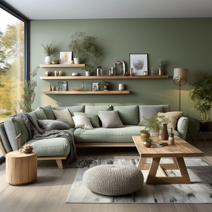 a living room filled with lots of furniture next to a large glass window and wooden shelves