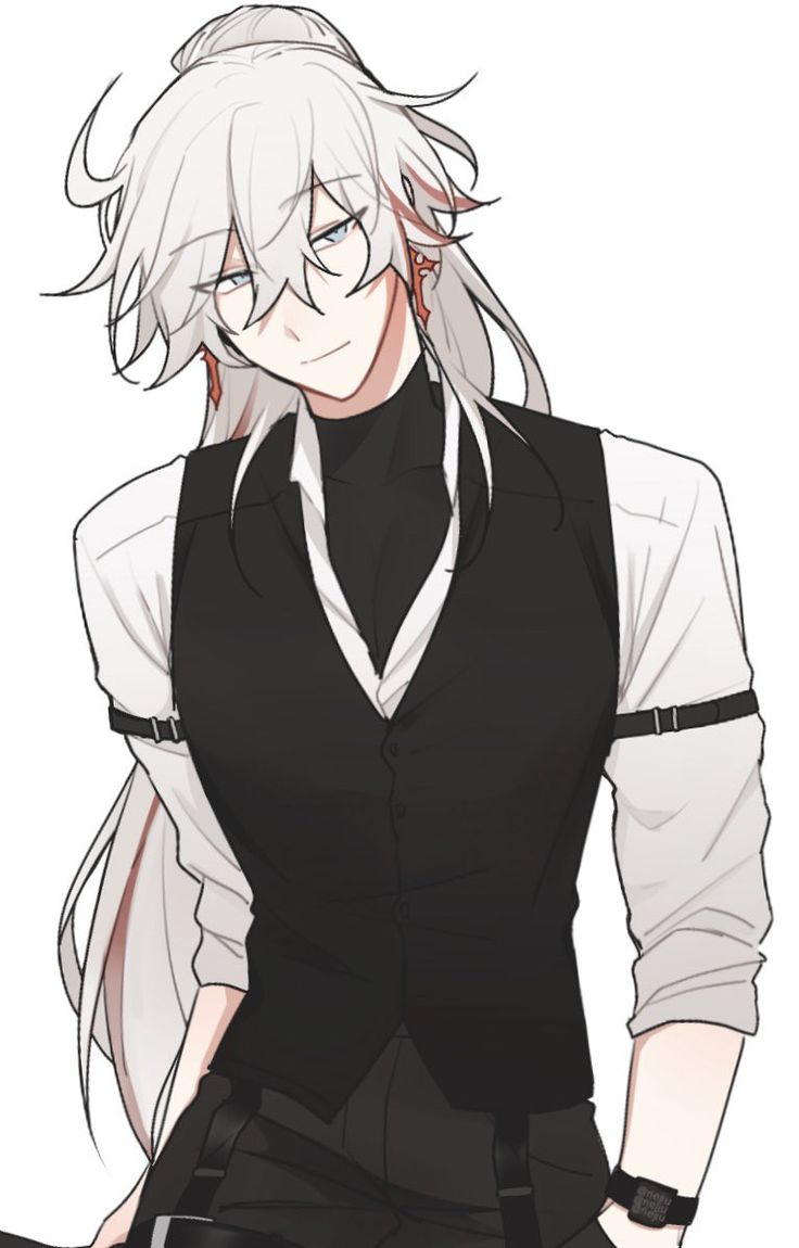 an anime character with long white hair and black clothes, holding his hands on his hips