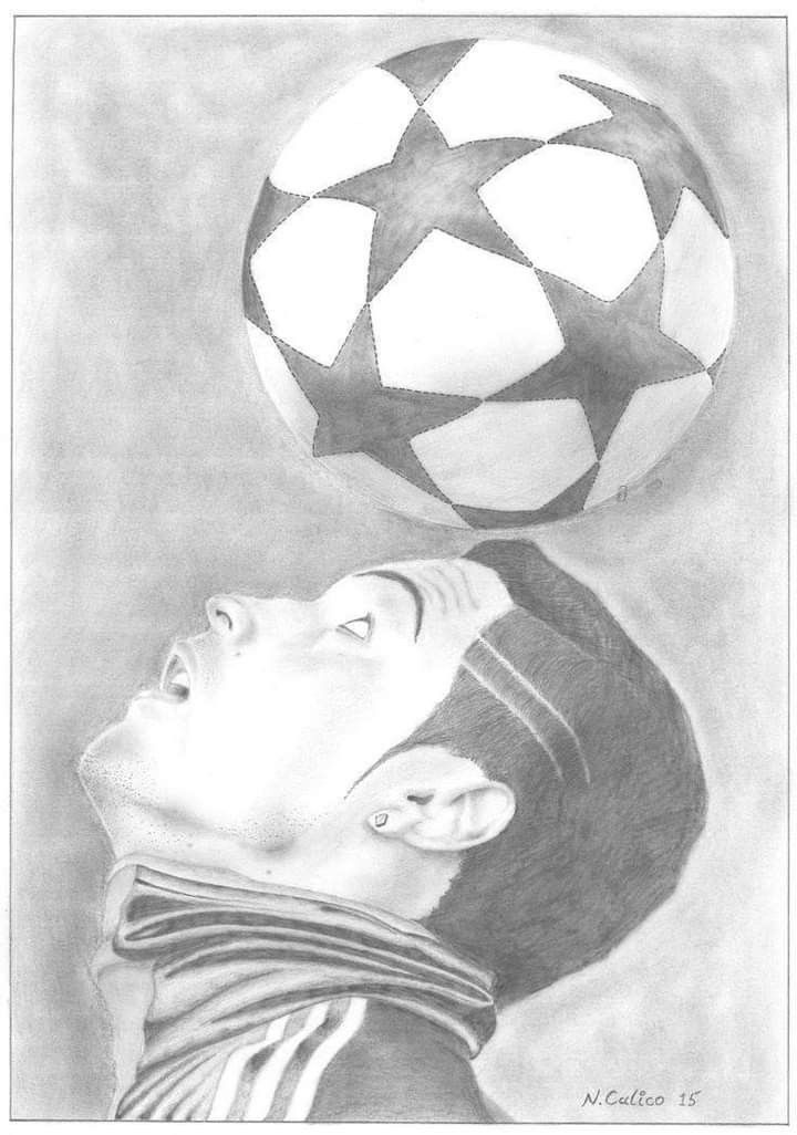 a pencil drawing of a man with a soccer ball on his head, looking up at the sky