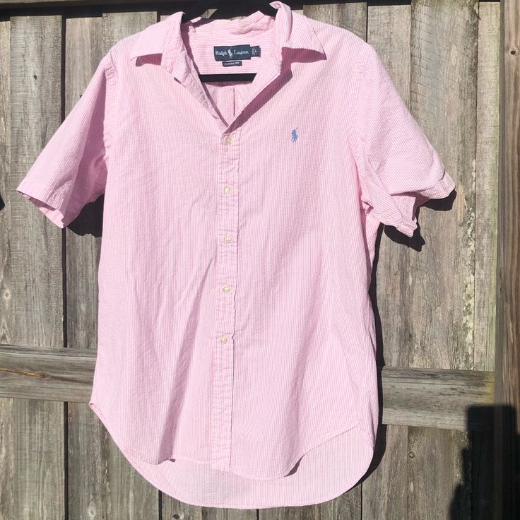 Ralph Lauren Classic Fit Short Sleeve Button Down Size Large Pink And White Vertical Stripes Never Worn!! Pink Collared Top With Button Closure, Pink Casual Shirt With Button Closure, Pink Collared Shirt With Buttons, Preppy Button Closure Summer Shirt, Casual Pink Shirt With Button Closure, Preppy Buttoned Tops For Work, Preppy Summer Tops With Button Closure, Ralph Lauren Preppy Short Sleeve Top, Preppy Button-up Summer Top