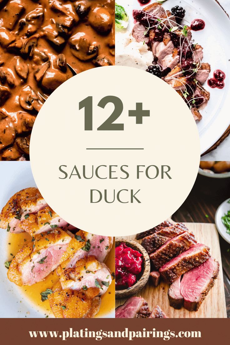 several different types of meats and sauces on plates with the words, 12 + sauces for duck