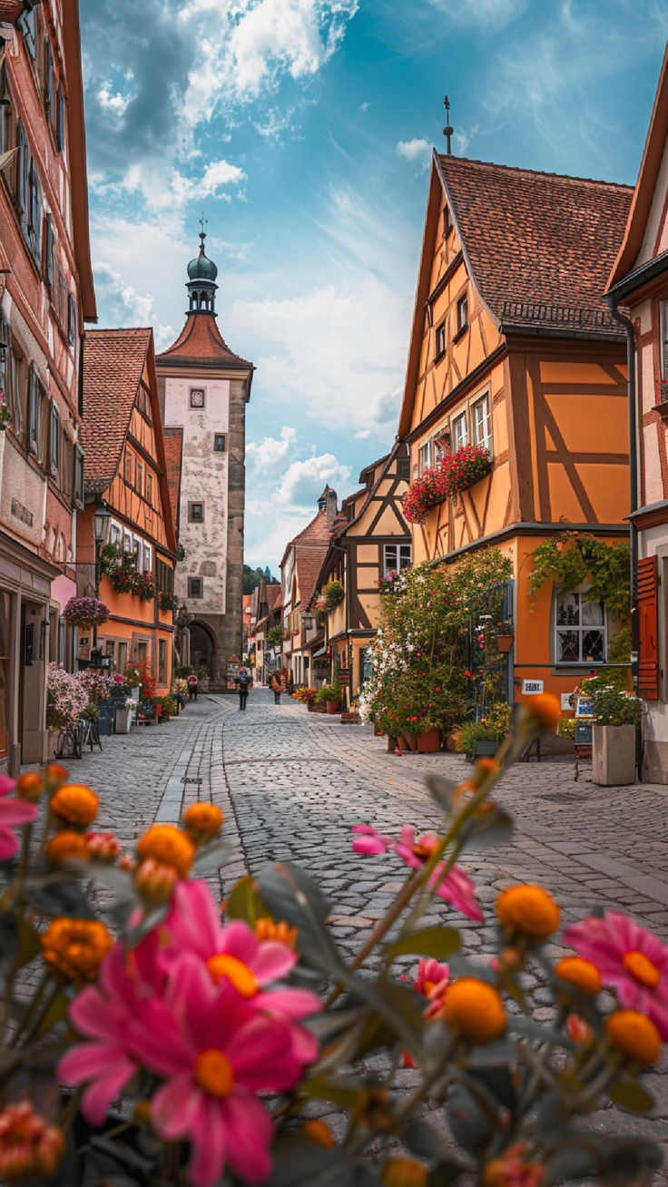 the flowers are blooming on the cobblestone street in front of old buildings