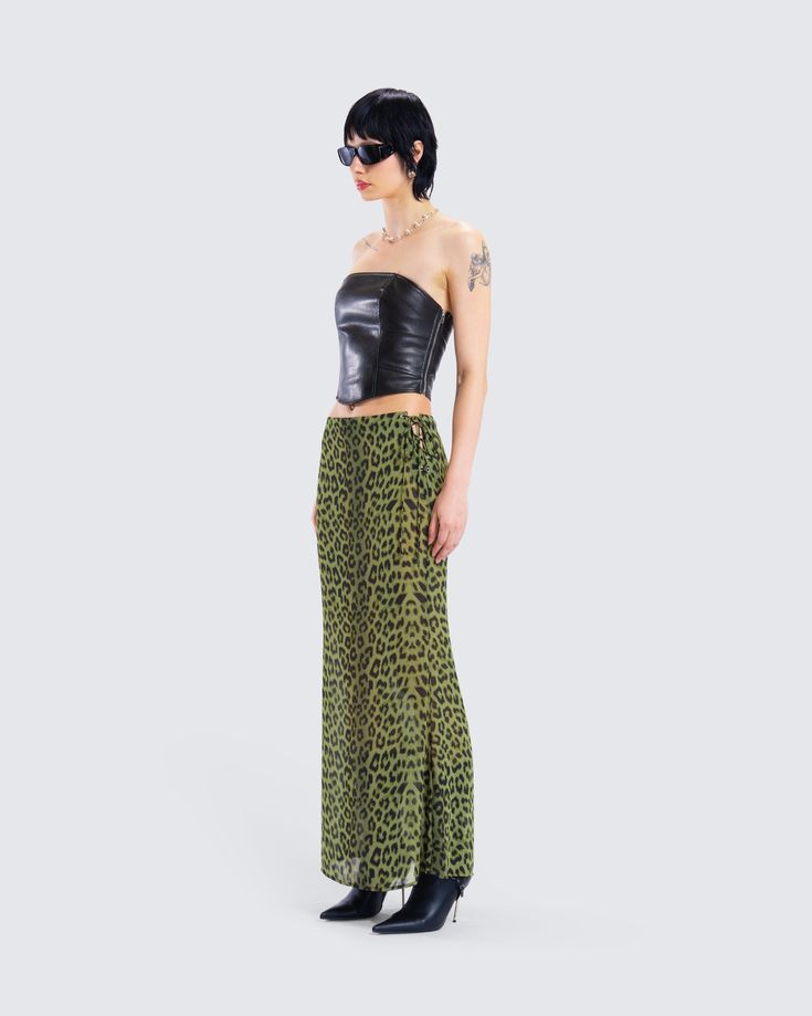 We all have a wild side…let yours loose 🖤 Featuring a black vegan leather top paired with a lime leopard maxi skirt - this two-piece set will make it clear that you're worth the chase 😜 Green Maxi Skirt For Night Out In Spring, Chic Green Maxi Skirt For Night Out, Leopard Maxi Skirt, Leopard Maxi Skirts, The Chase, You Loose, Black Vegan, Cargo Pant, Leather Top