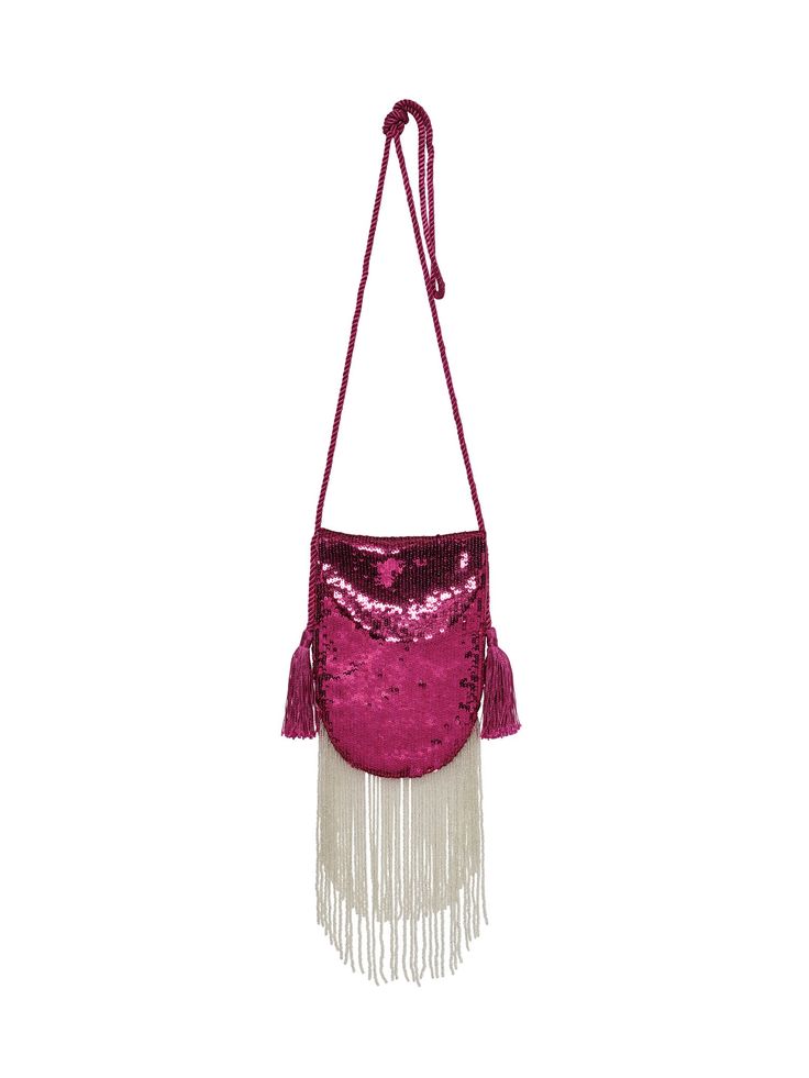 Be the star of the show with the Constellation Bag in Fuschia. Featuring hand applied sequins, playful tassles and a sparkling fringe trim, this heavily bedazzled bag takes glam accessories to the next level! There are strictly no refunds on sale items unless faulty or wrongly described. There are no re-stocks on sale Shipping and Returns There are strictly no refunds on sale items unless faulty or wrongly described. There are no re-stocks on sale. All orders are dispatched from our Sydney, Aust Festive Evening Bags With Tassels, Festive Celebration Bags With Tassels, Festive Party Bags With Tassels, Festive Pink Embellished Bag, Festive Pink Embellished Bags, Pink Bags For Evening And Festivals, Festival Party Bags With Tassels, Party Bags With Tassels For Festivals, Party Pouch Bag With Tassels