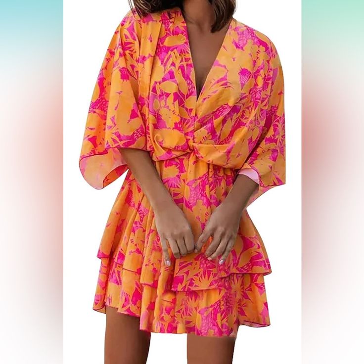 Pink & Orange V-Neck Flowy Dress. Brand New Still In Original Packaging, But It’s From Amazon So It Doesn’t Come With Tags. Packing Guide, Flowy Dress, Orange Pink, Pink Orange, Color Orange, Pink And Orange, What To Wear, Colorful Dresses, Midi Dress