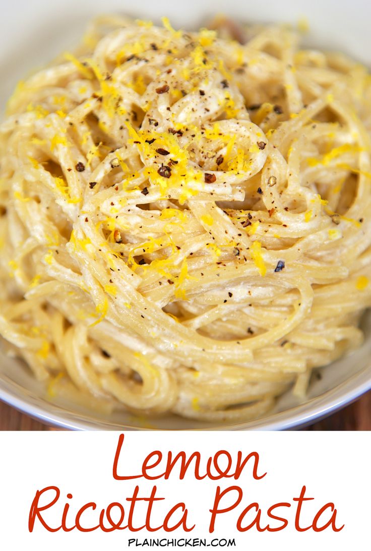 lemon ricotta pasta in a white bowl on a wooden table with the title above it