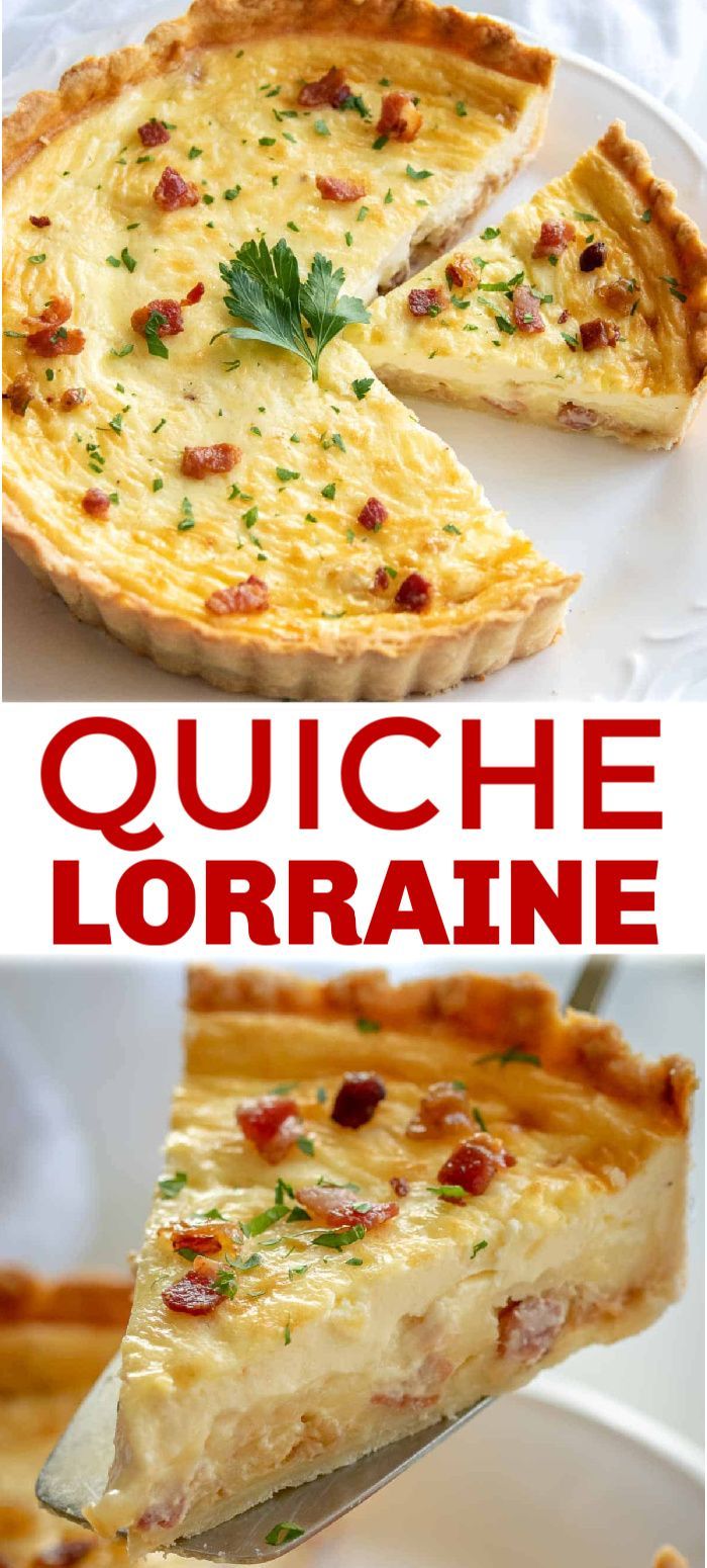 quiche lorraine with cheese and bacon on the top is shown in three different pictures