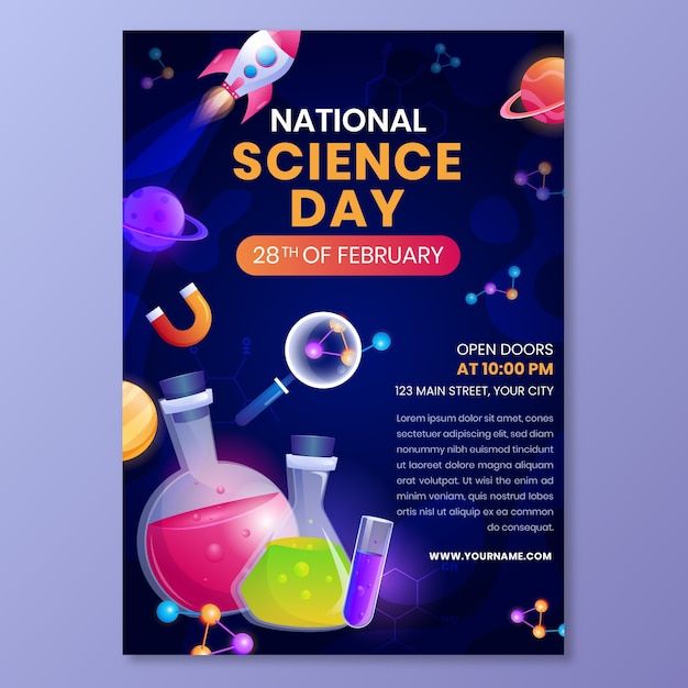 the national science day flyer is shown in purple and blue tones with colorful flasks