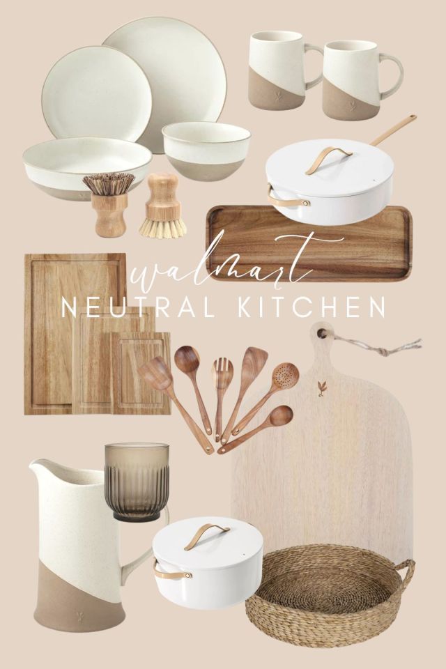 the neutral kitchen is filled with dishes and utensils