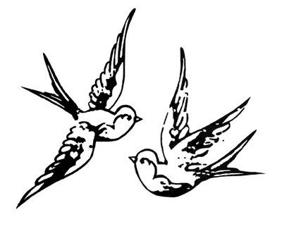 two birds flying next to each other on a white background in black and white ink