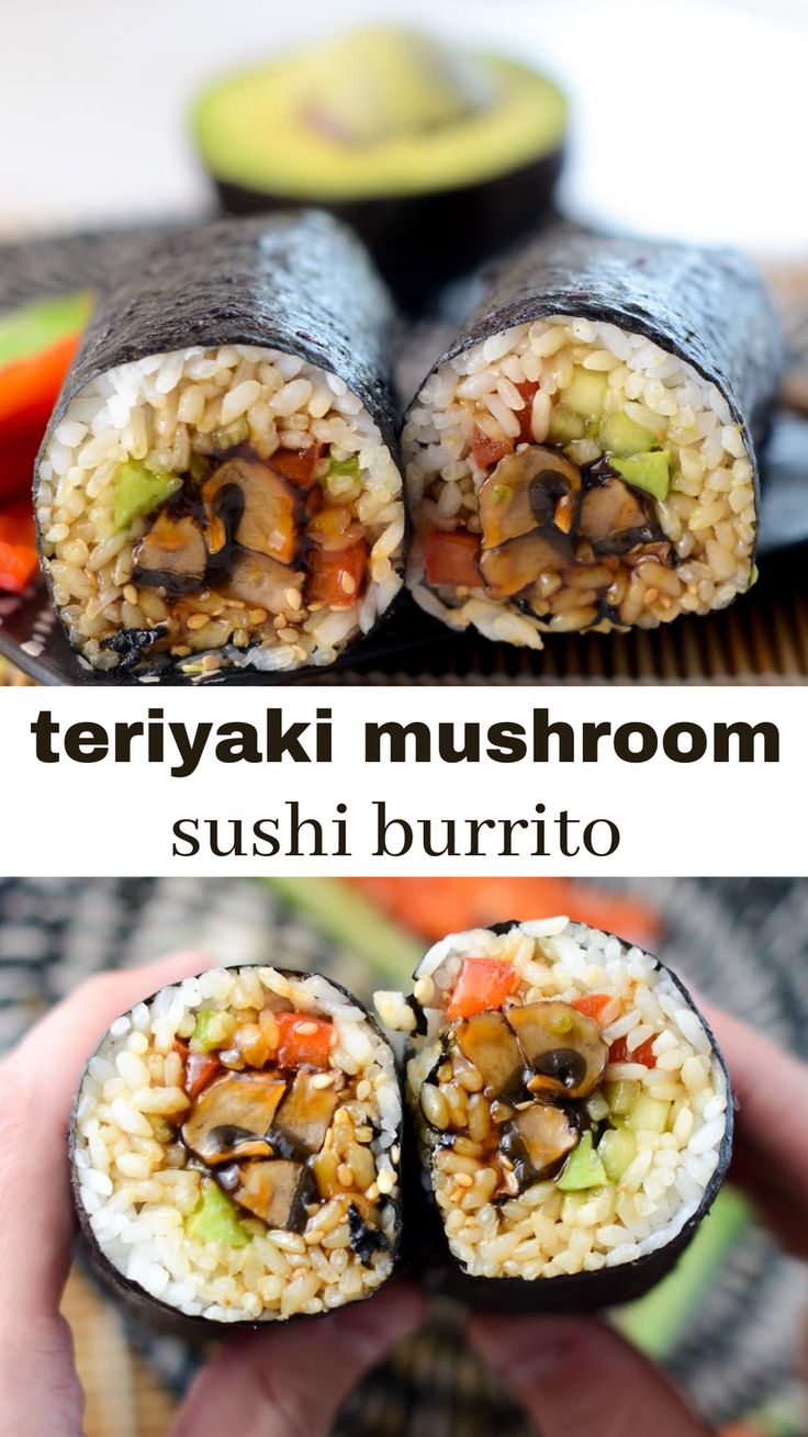 there are two sushi rolls with mushrooms on top and the other one has an avocado in it