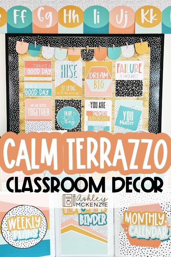 a classroom decor project with the words calm terrazzo on it and an image of a bulletin