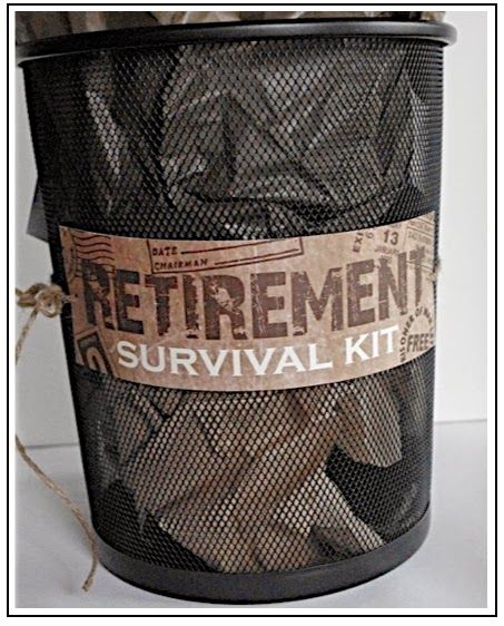 a black trash can with a label on it that says retirement survival kit