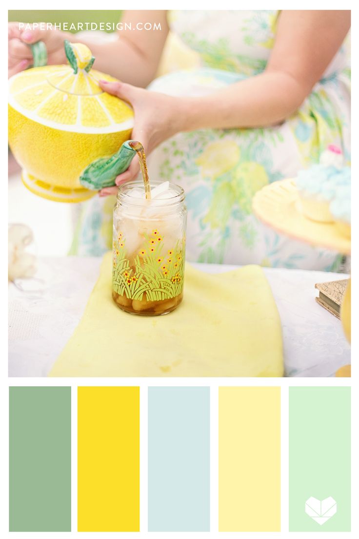 a woman pouring lemonade into a jar on top of a table with yellow and green colors