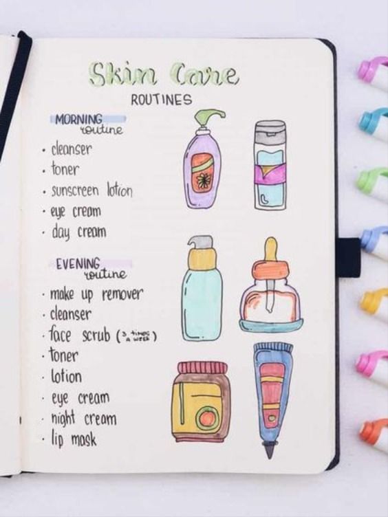 an open notebook with different types of skin care items